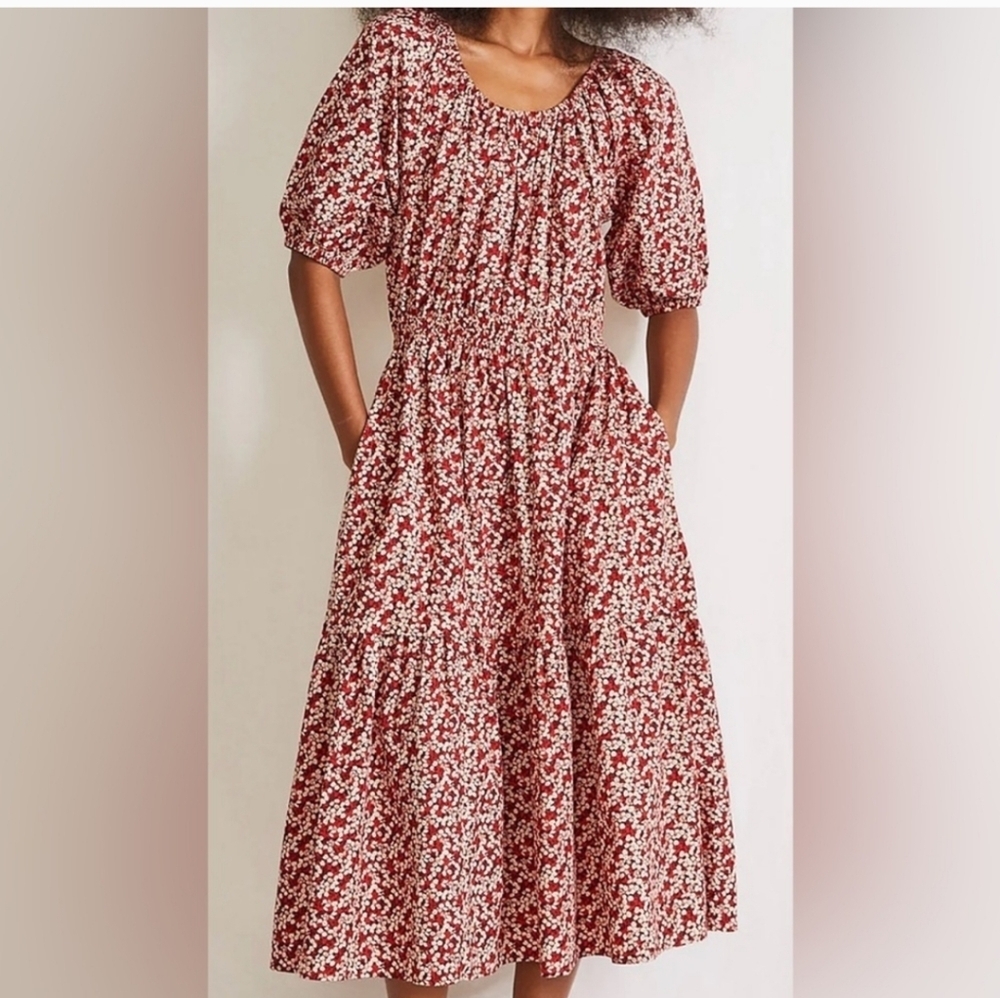 Apiece Apart Nova Red Floral Midi Dress M Organic Cotton Cut Out Back Pockets - Picture 1 of 16